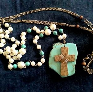Vintage Handmade cross turquoise double necklace